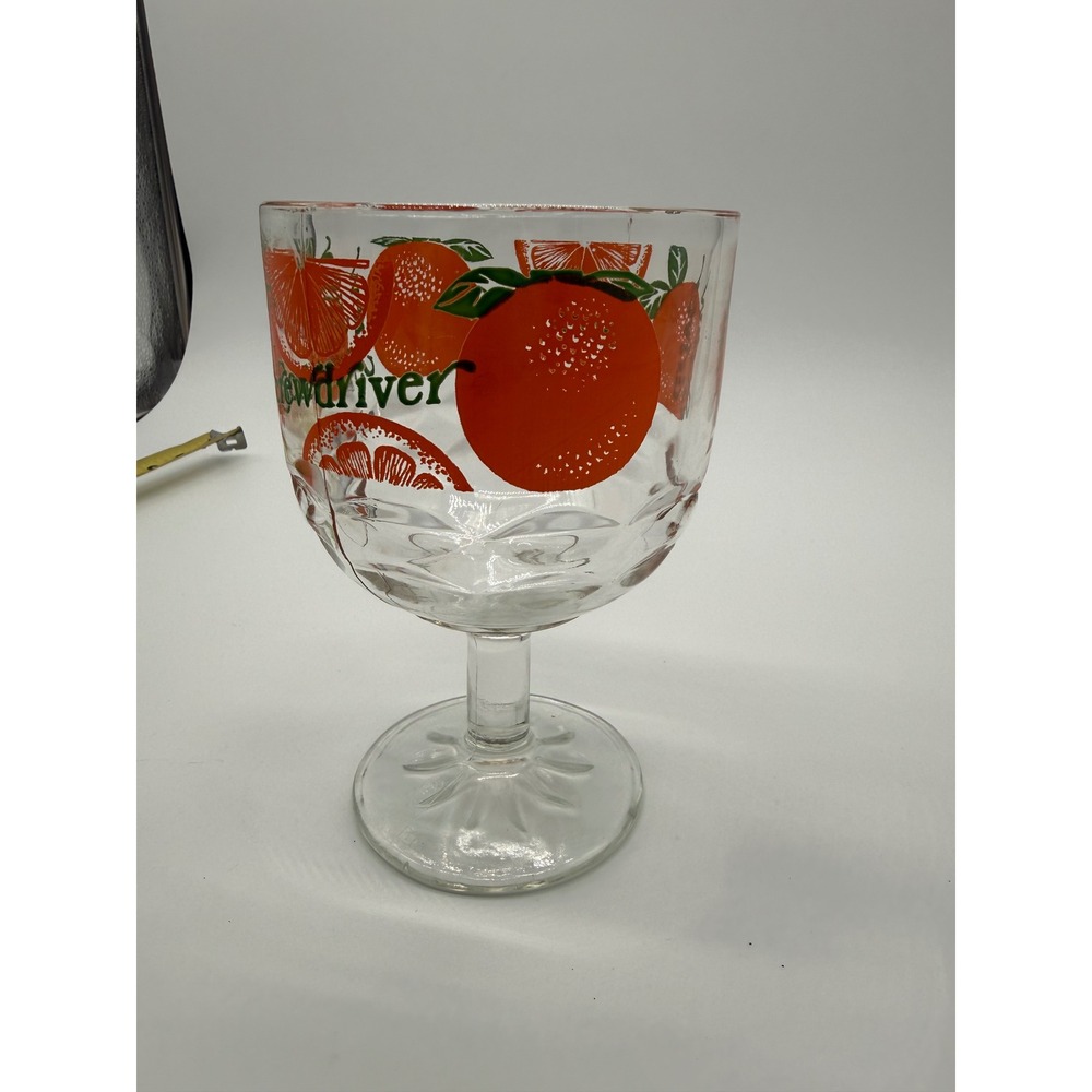Vintage Screwdriver Cocktail Glass Oversized Orange Graphic Footed Goblet 6in - Picture 4 of 5